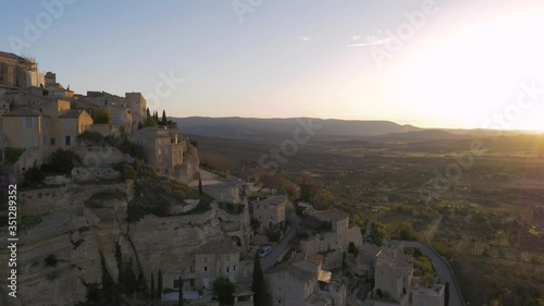 Wide aerial view looking up at structures in Gordes, France