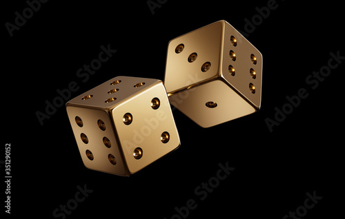 Photorealistic luxury golden dice throw for online gambling, bet, casino on a black background. Isolated.