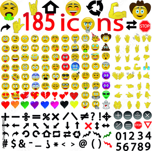 Conjunto de emojis, sinais de mãos, setas e sinais.