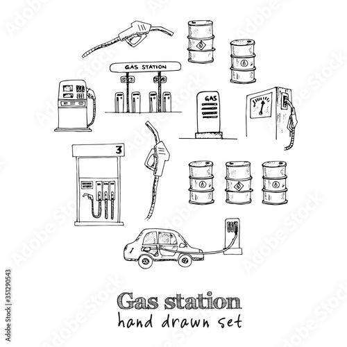 Gas station isolated hand drawn doodles Vector set