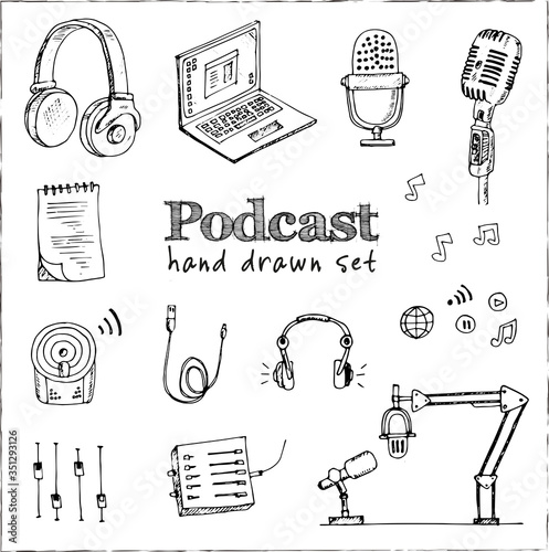 Podcast isolated hand drawn doodles Vector set