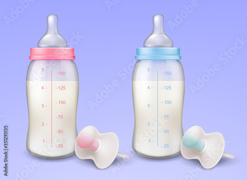 Vector realistic pacifiers and baby bottles with silicone nipples for feeding newborns, isolated on blue background. Plastic containers with measurements, filled with milk infant formula.