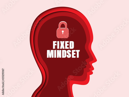 Human head with brain inside. Fixed mindset. Mindset Opposite Positivity Negativity Thinking Concept. White text over Red Background. 3D abstract paper art style, Vector illustration.
