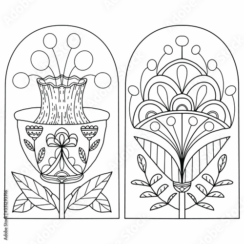 folk style flowers drawn on a white background for coloring, vector for coloring, isolated photo