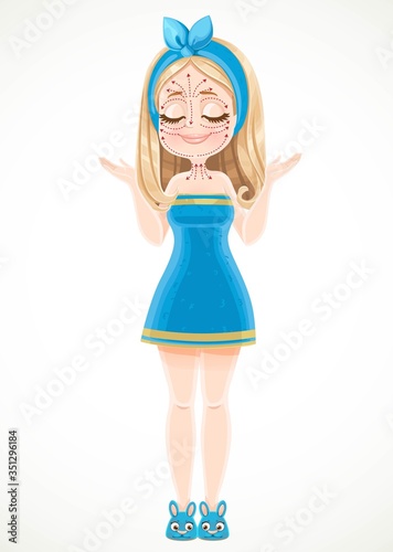Cute blond girl in blue sauna towel preparing to do massage according to the scheme of massage lines on the face stand on white background