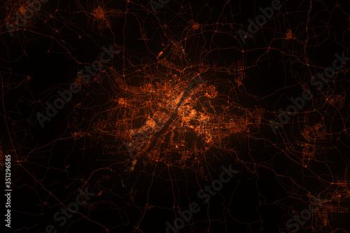 Wuhan aerial view. Night city with street lights, view from space. Urbanization concept, render