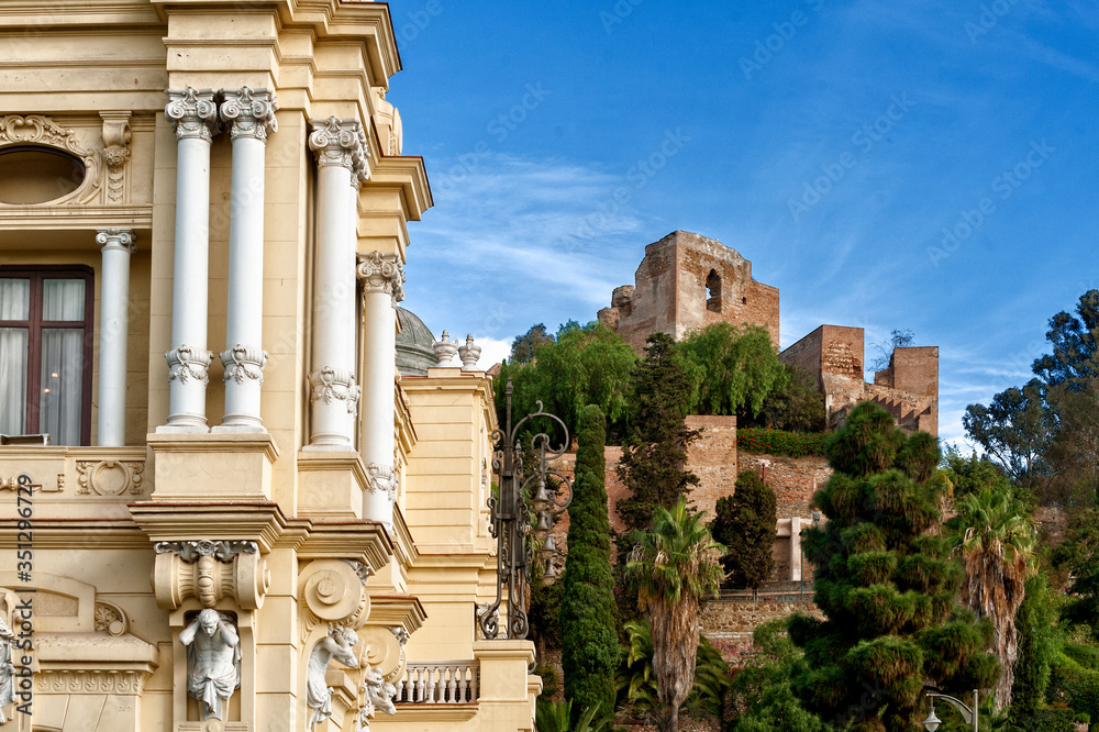 Malaga's town hall and Gibralfaro Castle and Alcazaba in Malaga Andalusia, Spain