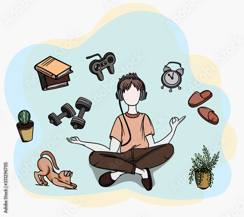 Guy Sitting In Lotus Position Crossing Legs And Meditating Quarantine Stay At Home Doodle Style Vector Illustration Be Calm Banner Poster For Web