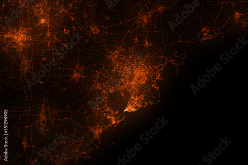 Quingdao top view. Night city with street lights  view from space. Urbanization concept  render