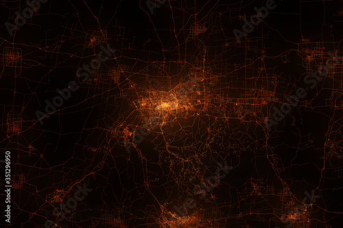 Jinan aerial view. Night city with street lights, view from space. Urbanization concept, render