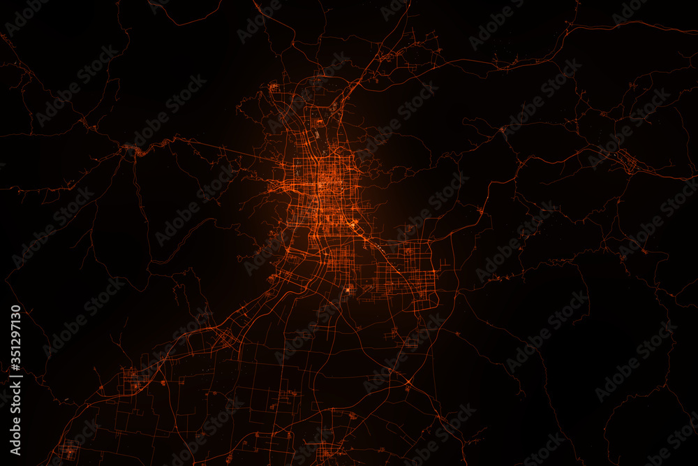 Taiyuan aerial view. Night city with street lights, view from space. Urbanization concept, render