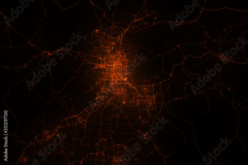 Taiyuan aerial view. Night city with street lights, view from space. Urbanization concept, render