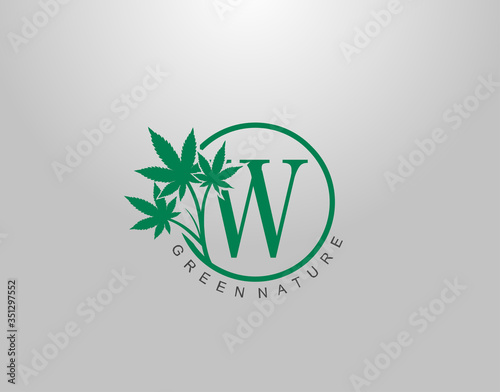 W Letter Logo Circle Nature Canabis Leaf, vector logo design concept medical marijuana leaf with initial letter logo icon for nature business.