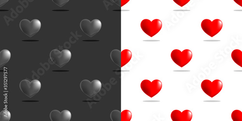 Set of seamless patterns with clipping mask. Red and black hearts staggered