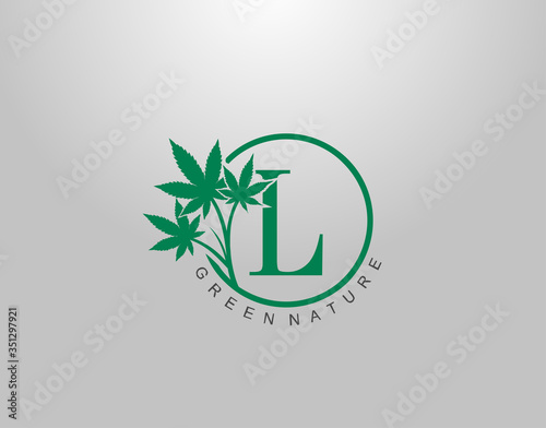 L Letter Logo Circle Nature Canabis Leaf, vector logo design concept medical marijuana leaf with initial letter logo icon for nature business.
