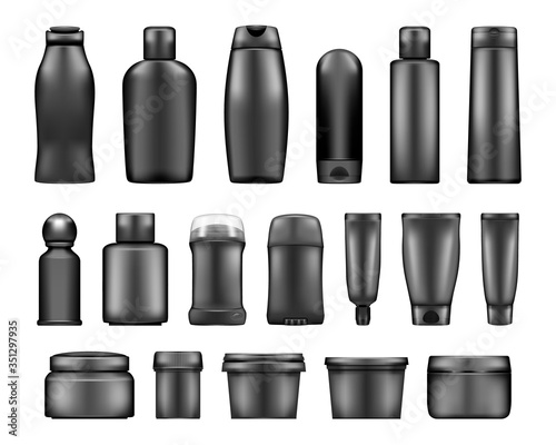 Black cosmetic bottles mockups: lotion cream, deodorant, shampoo, toothpaste, gel. Plastic package design. Cosmetic, hygiene, skincare template. Vector 3D illustrations isolated on white background