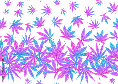 Cannabis leaves seamless pattern, background. Vector illustration in neon, fluorescent colors.