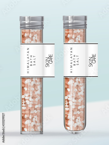 Vector Bath or Seasoning Pink Himalayan Salt in Flat or Round Base Test Tube Packaging. Transparent Glass or Plastic with Metallic Silver Screw Cap.