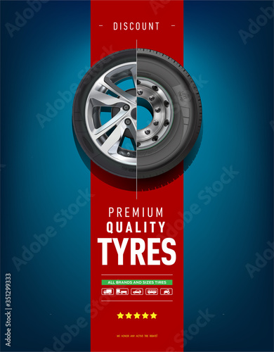 Sale of wheels and tires for cars and racing cars. Quality vector. Advertising brochure. Promotion. Tire car advertisement poster. Information. Store. Action. Landscape poster. Digital banner. Flyer.
