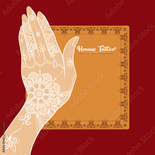 Female hands with traditional indian white henna tattoo. Template for tottoo salon banner, wedding invitation, gift voucher, label. Vector illustration. photo