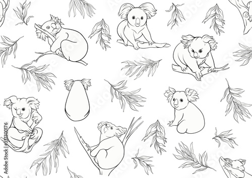 Koala bear seamless pattern. Outline hand drawing vector illustration.