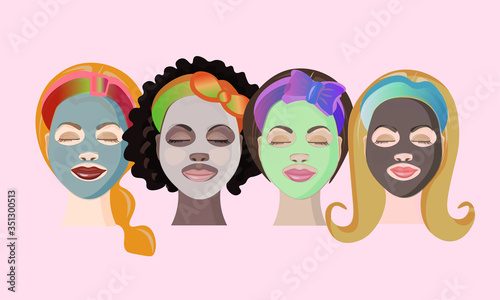 Multi-ethnic group of women with facial treatment masks. Vector illustration.