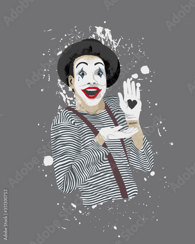 Classic look french mime showing pantomime about love. French mime illustration wearing a striped shirt, black hat, white gloves, and make up asks yes or no. 