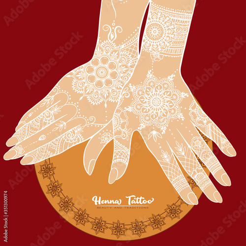 Female hands with traditional indian white henna tattoo. Template for tottoo salon banner, wedding invitation, gift voucher, label. Vector illustration.