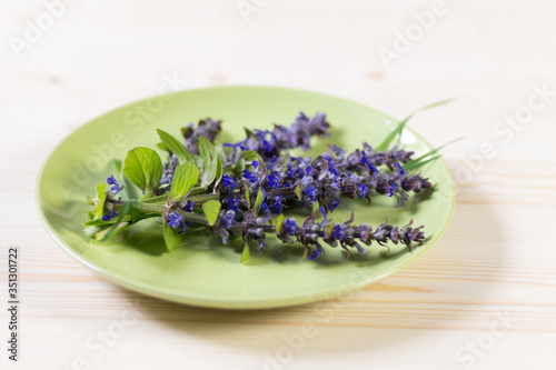 green plate and fresh purple upright bugle flowers as decoration on wooden background