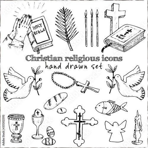 Christianity traditional religious symbols isolated hand drawn doodles Vector