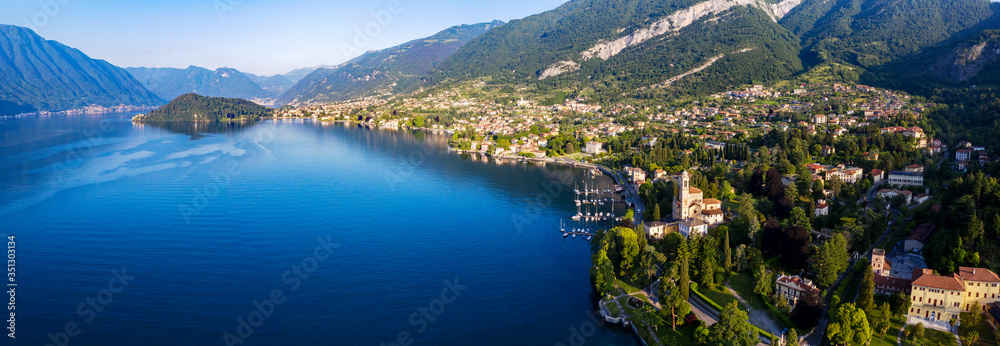 Lake Como, Italy, Town of Tremezzo, Panoramic aerial view