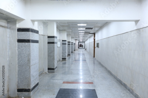 New Delhi  Delhi India- May 20 2020  Modern corridor of a newly constructed hospital building with grey tiles and marbles.