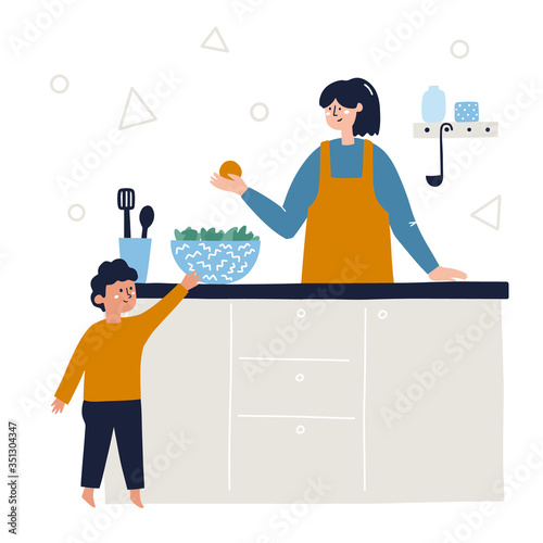 Mother and son cooking together in the kitchen. Stay home family activities concept. Hand drawn abstract vector illustration