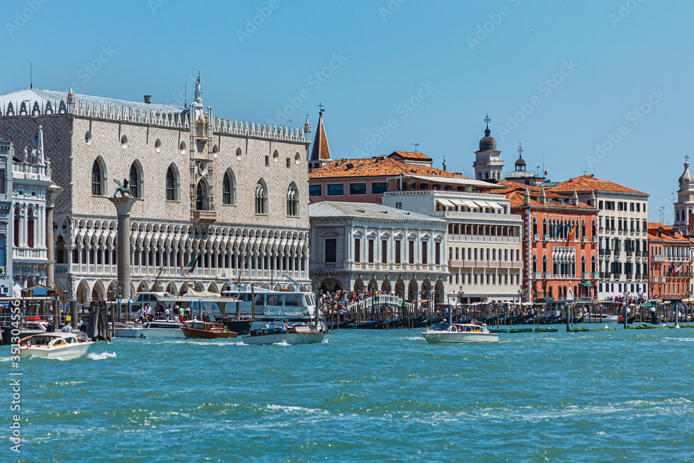 View of the Doge's Palace from the opposite side of the Grand canal (Canal Grande). Venice, Italy, Europe.