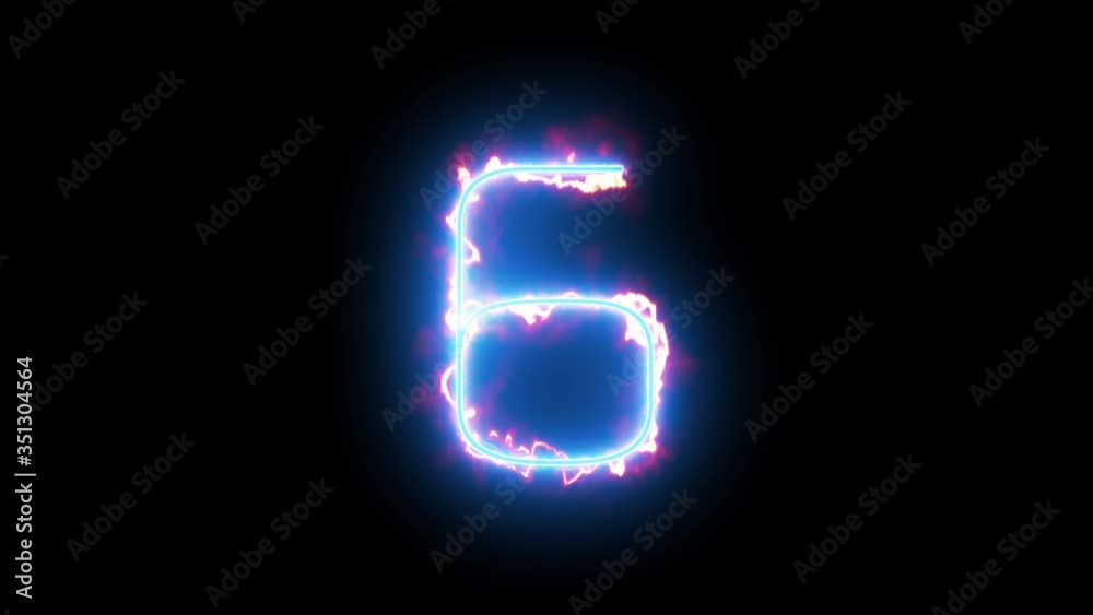 Blue lights form luminous numeral 6 on black background. Appears and disappears. Fiery style. 4k. Seamless loop. Blue lights form luminous numeral 6 on black background. Appears and disappears. Fiery style. 4k. Seamless loop.