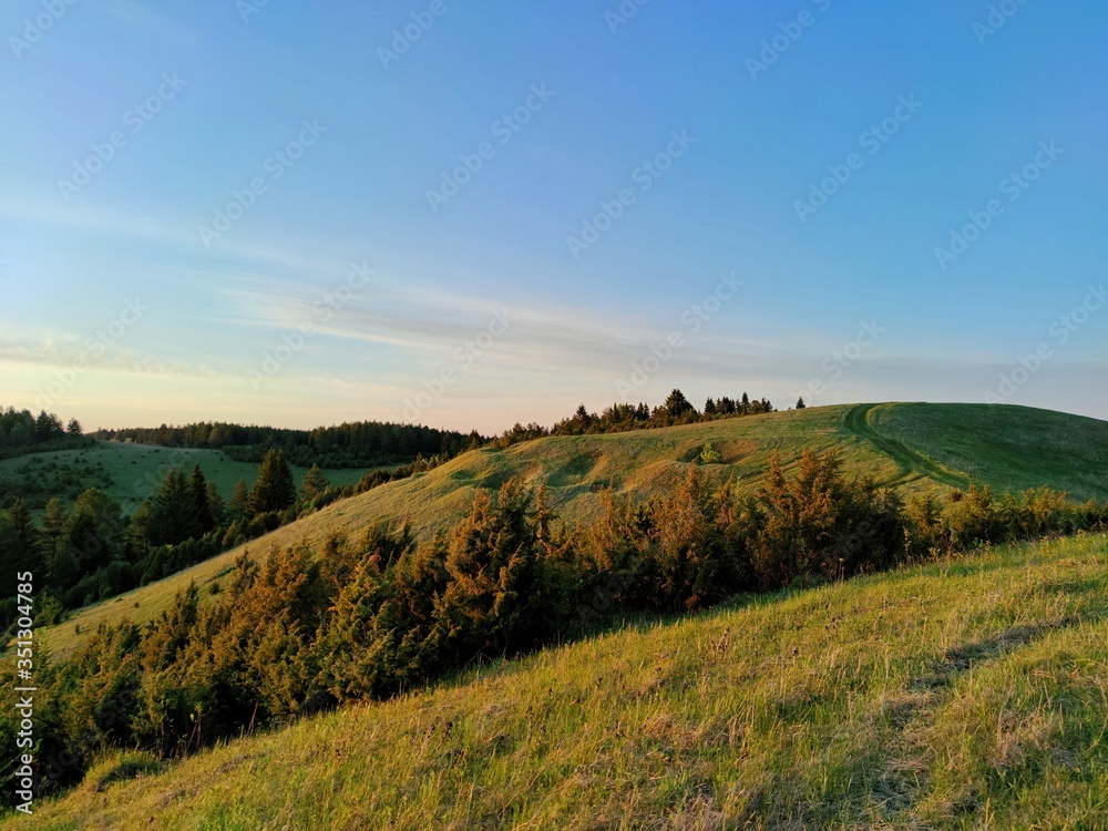 hills with green grass and trees on them in the rays of the evening sun against a beautiful sky hills with green grass and trees on them in the rays of the evening sun against a beautiful sky
