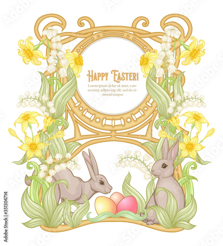 Happy easter Template postcard, poster with a hare, eggs and spring flowers. Good for product label with place for text. Colored vector illustration. In art nouveau style, vintage, old, retro style.