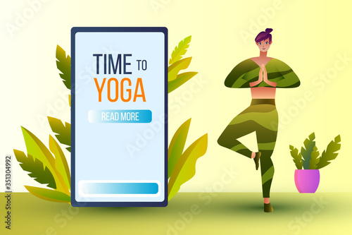 Online yoga banner with young girl in asana, house plant and smartphone screen. Vector illustration in flat style with balancing woman in sportswear. Internet yoga courses concept in green colors