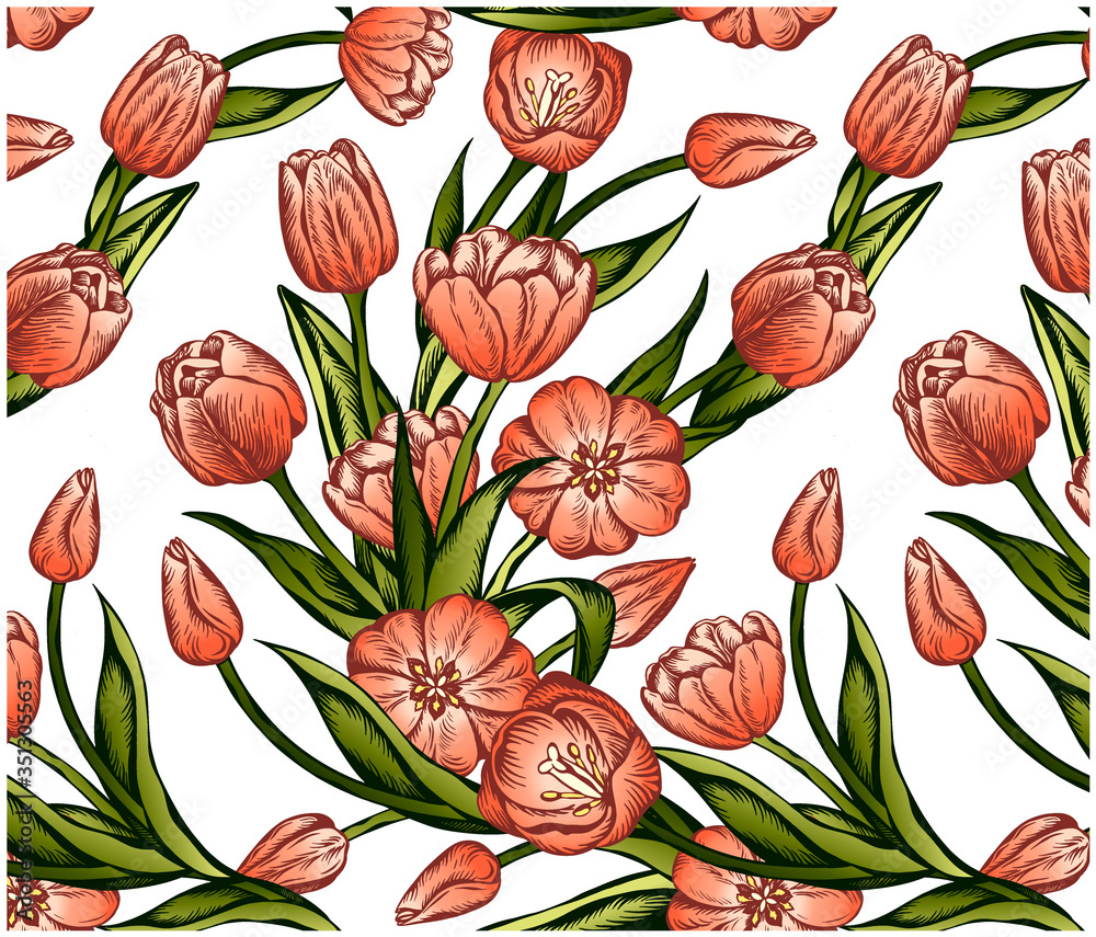 Sketch hand drawn pattern of tulips flowers isolated on white background. Spring pink tulip with green leaves. Vintage floral wallpaper, textile, fabric, line art, botanical vector illustration.