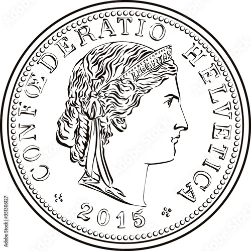 Black and white sketch of Obverse 20 centimes coin Swiss franc with Liberty head and legend CONFOEDERATIO HELVETICA, official coin in Switzerland
