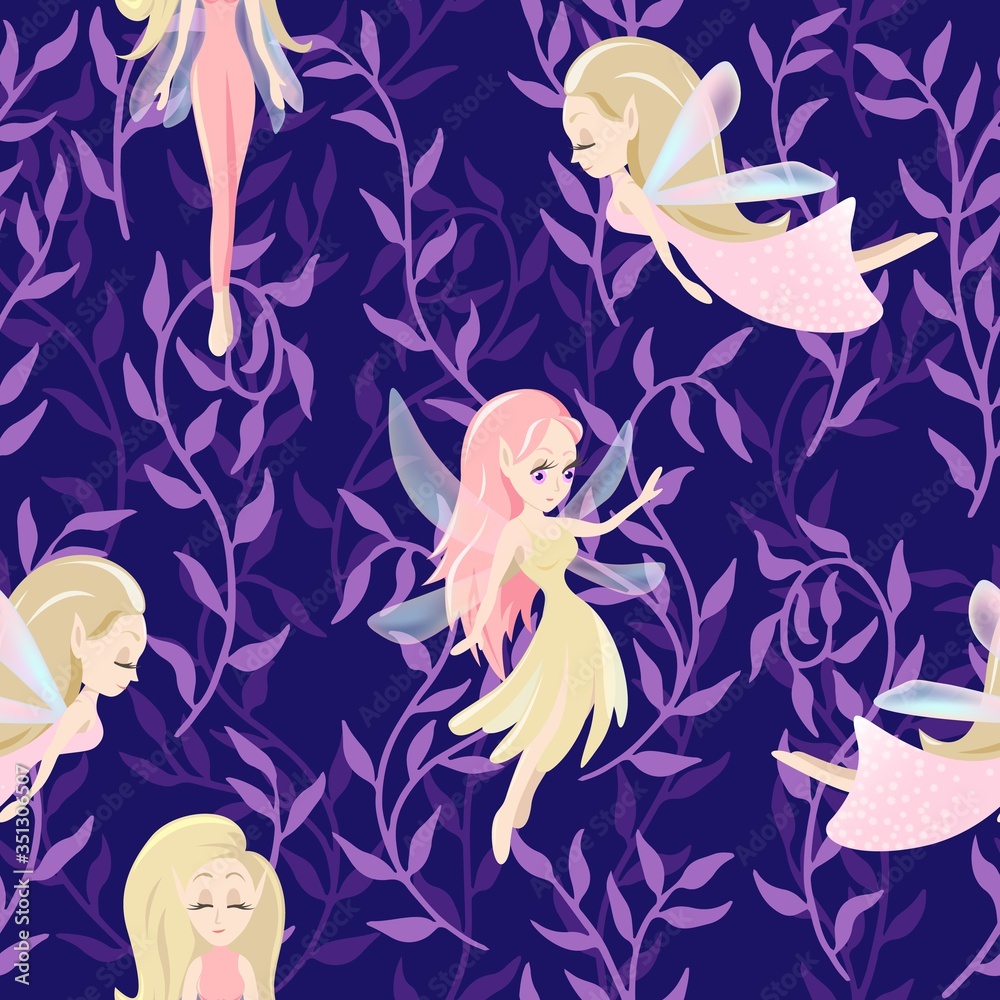 Vector seamless pattern with cute little fairy tale girls, mythical creatures