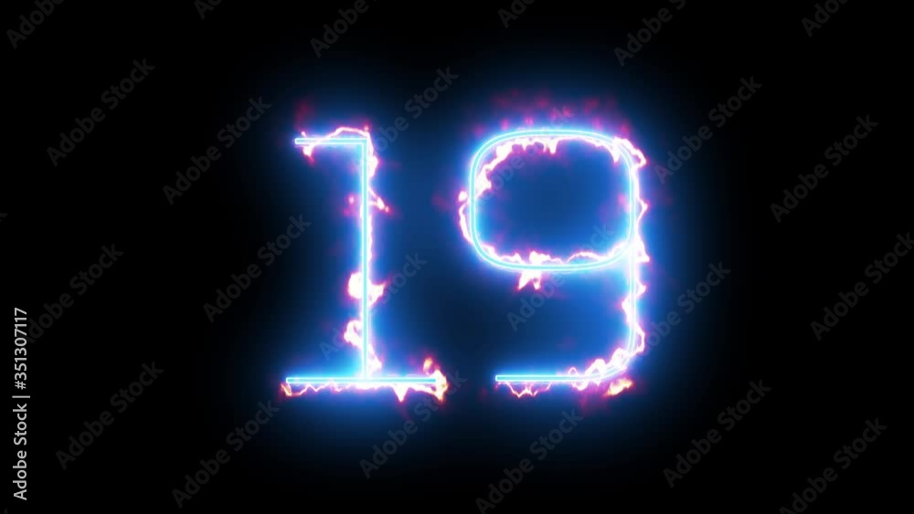 Blue lights form luminous numeral 19 on black background. Appears and disappears. Fiery style. 4k. Seamless loop. Blue lights form luminous numeral 19 on black background. Appears and disappears. Fiery style. 4k. Seamless loop.