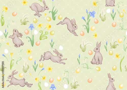 Seamless pattern with a hares, colored eggs and spring flowers for easter. Colored vector illustration. In art nouveau style, vintage, old, retro style. On soft green background.