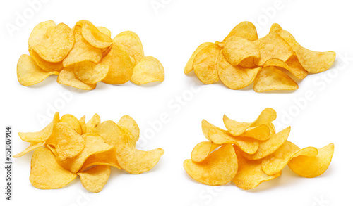 Collection of delicious potato chips piles, isolated on white background