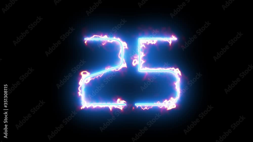 Blue lights form luminous numeral 25 on black background. Appears and disappears. Fiery style. 4k.  Seamless loop.