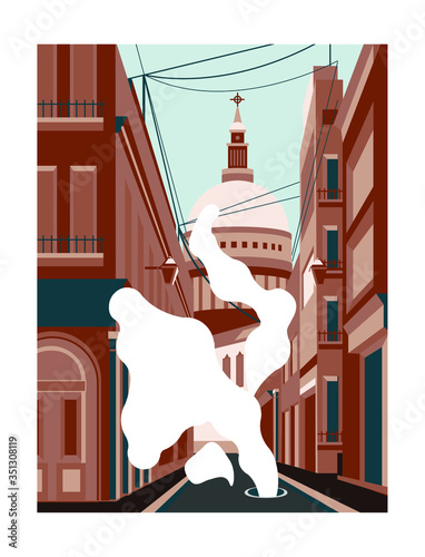 European street in Rome. City houses and a cathedral. Vector illustration. Cityscape outdoor architecture. Tourist attraction.