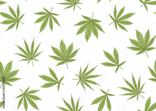 Cannabis leaves seamless pattern  background. Vector illustration in green colors Isolated on white background.