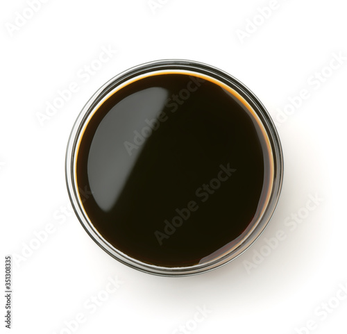 Billede på lærred Top view of soy sauce in glass bowl