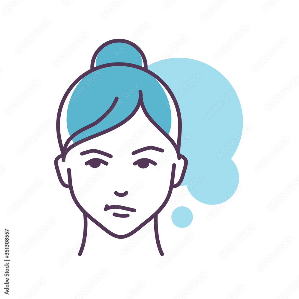 Human feeling sympathy line color icon. Face of a young girl depicting emotion sketch element. Cute character on blue background. Outline vector illustration. Human feeling sympathy line color icon. Face of a young girl depicting emotion sketch element. Cute character on blue background. Outline vector illustration.