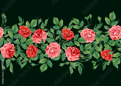 Seamless pattern with red roses flowers. Colored vector illustration. Isolated on black background. © Elen Lane